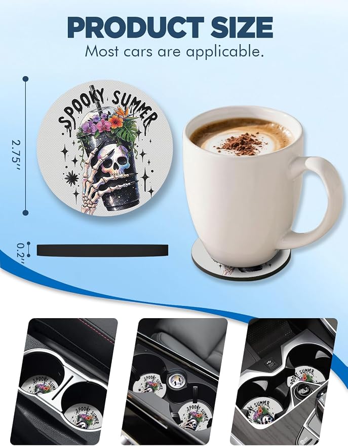WOCOCN Car Coasters for Cup Holders - 2 Pack 2.75" Universal Rubber Car Cup Coaster, Non-Slip Waterproof Car Interior Accessories, Cute Car Decor Gifts for Women and Men (Spooky Summer)