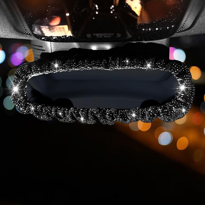 Bling Rear View Mirror Cover with Crystal Rhinestones,Fluffy Car Mirror Cover Car Decor for Women,Universal Rear View Mirror Accessories for Most Cars,SUVs,Trucks (Black Diamond)