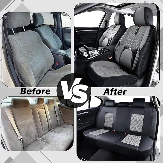 Universal Car Seat Cover for Cars, Black and Gray, with Lumbar Support, | Car Seat Cover Full Set,Premium Artificial Leather, Waterproof and Easy to Clean, Airbag Compatible
