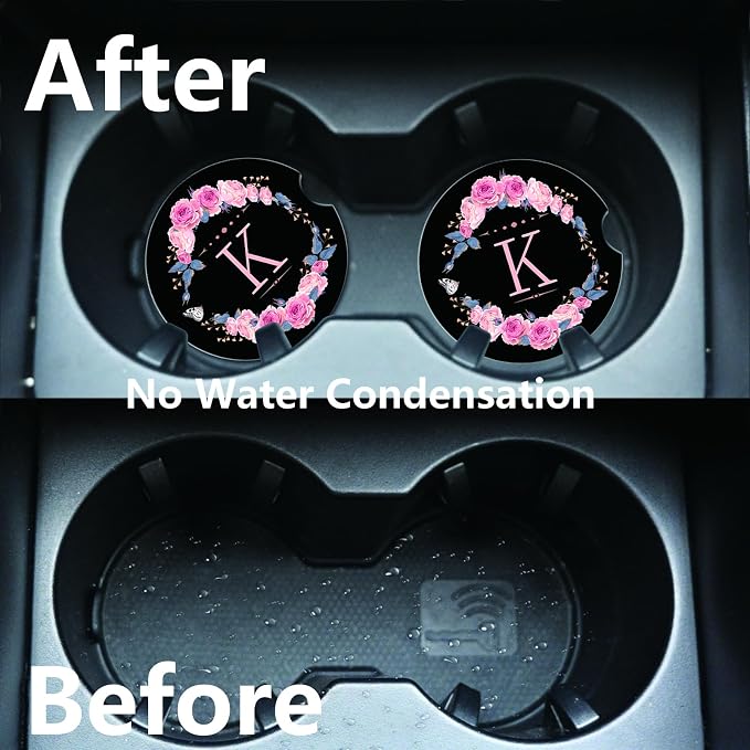 2pcs Letter K Car Coasters,Absorbent Universal neoprener Cup Holder Coasters with a Finger Notch,Car Accessories for Women&Man Interior,2.75"