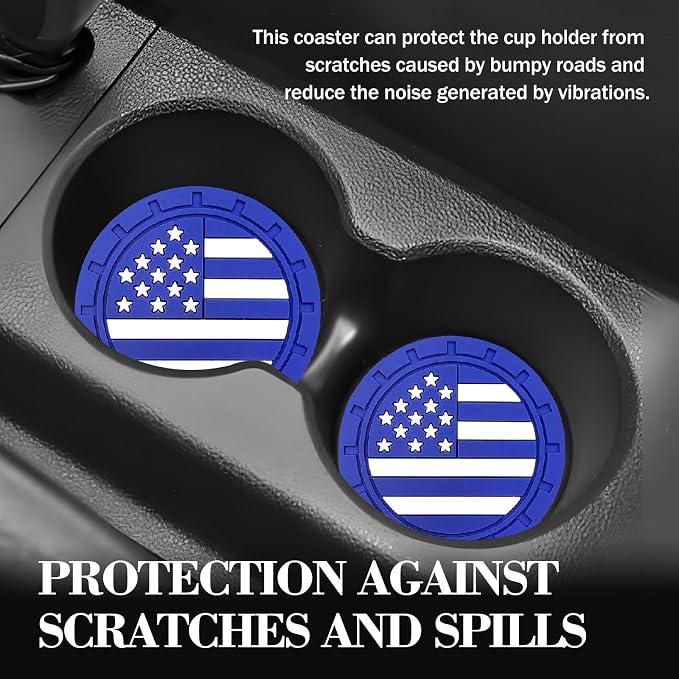 Automotive Universal Car Cup Holder Coasters 4 Pack, Non-Slip Silicone Cup Holder Insert 2.72~2.75 Inch, Anti-Skid Shockproof Drink Mat with Flag Design, Vehicle Interior Accessories Blue
