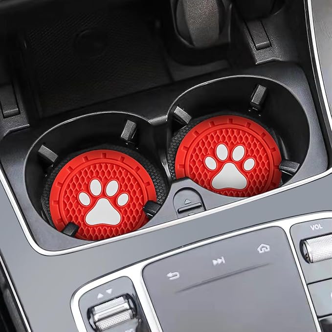 Osilly Car Cup Holder Coaster, 4 Pack PVC Paw Print Anti Slip Insert Coasters, 2.75 Inch Universal Cute Dog Paw Auto Drink Mat, Car Interior Accessories Decor for SUV, Truck, RV and More (Red)
