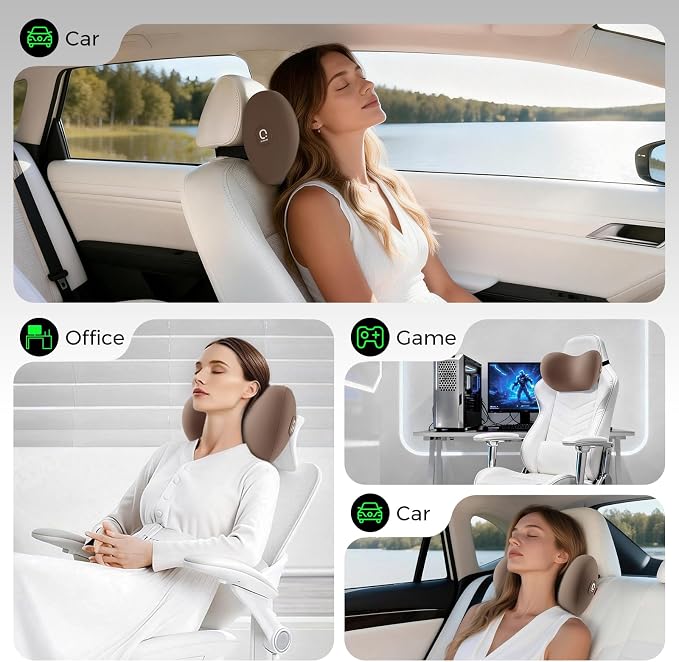 BEBAS Memory Foam Car Headrest Pillow - Breathable Neck Support Pillow for Driving, Universal Fit Cars/SUVs/Tesla/Toyota & Office Chair, Removable Cover (Brown, 4-Season)