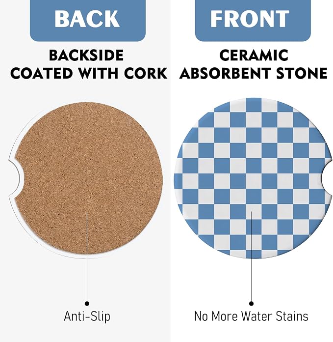 2 Pack Car Coasters for Cup Holders, Absorbent Ceramic Cup Coaster with Cork Base and Finger Notch, Cute Car Accessories Interior for Women Men (Grid-Blue)