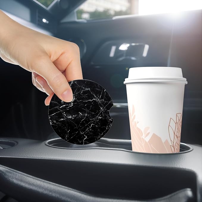 Aiawoxc Car Cup Holder Coasters, 2 Pack Universal Auto Anti Slip Insert Coaster with A Finger Notch, Cup Mat for Most Car Interior, Black Marble
