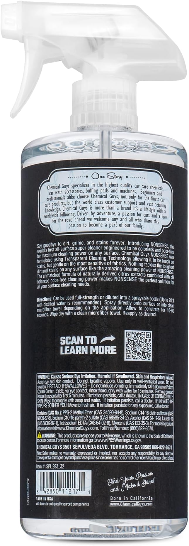 Chemical Guys Nonsense Colorless & Odorless All Surface Cleaner - Clear, Safe for Vinyl, Rubber, Plastic, Carpet, and Upholstery, pH Balanced, Residue-Free, Unscented, 32 oz Spray | Colorless, odorless, residue-free cleaner lifts dirt from vinyl, rubbe...