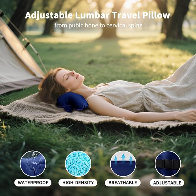 Mixtrend Travel Lumbar Pillow Inflatable Lumbar Support Pillow with Memory Foam, Back Support Pillow for Airplane Long Flight, Essential Travel Support Pillow for Women Men Kids(Navy Blue)