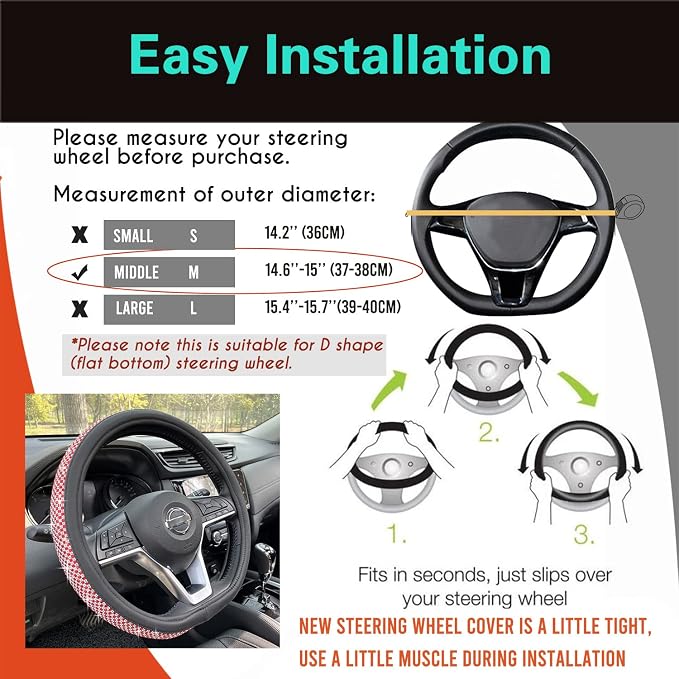 PINCTROT D Shaped Bling Comfy Steering Wheel Cover with Jumbo Crystal Rhinestones, Anti-Slip Diamond Leather, Flat Bottom 14.5-15 Inch (Red)
