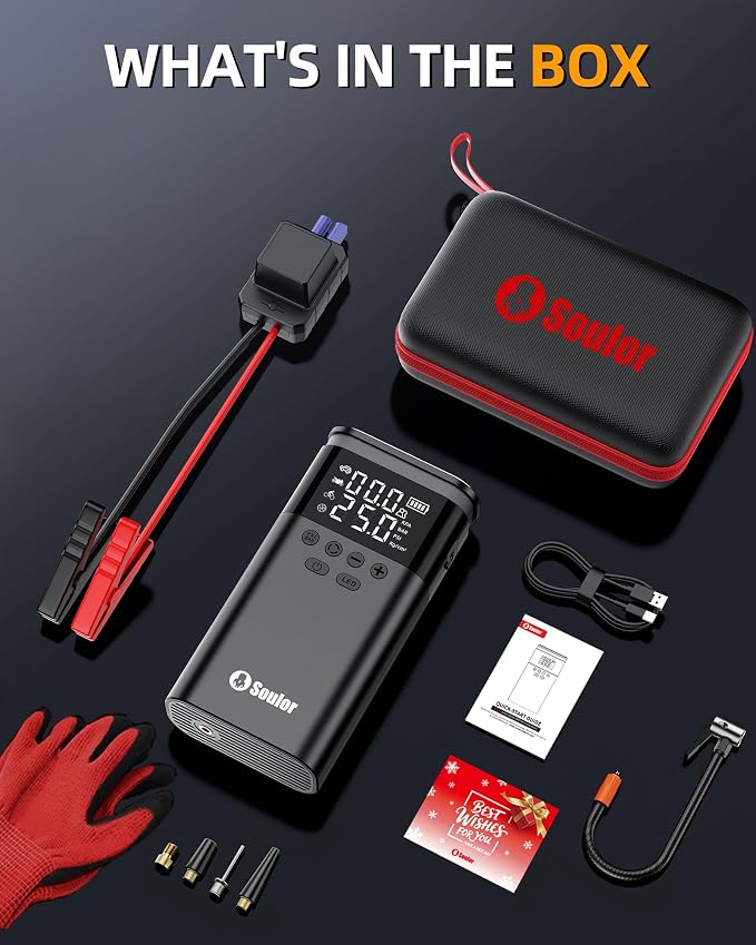 Jump Starter with Air Compressor, 6000A Battery Jumper Starter Portable, 12V Jump Box Car Jump Starter Portable with 150PSI Tire Inflator, LED Light, Gloves and Jumper Cables (14L Diesel All Cars)