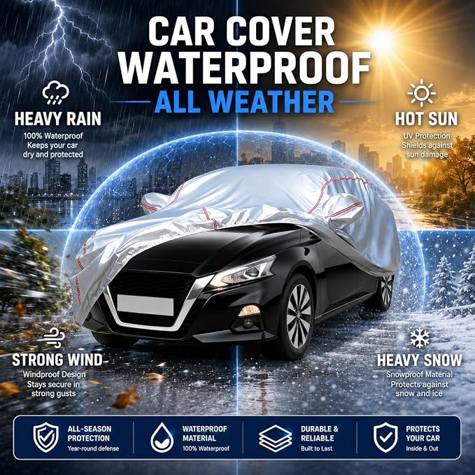 Waterproof All Weather Heavy Duty Vehicle Cover, 360° Underbody Wrap Windproof Design, Quick Install Outdoor Cover,(for Nissan Altima 2002-2025)