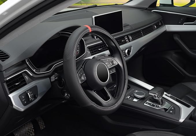 KAFEEK Carbon Fiber Steering Wheel Cover for Men, Car Accessories, Black | Universal 15 Inch Sporty & Thin Cover, Anti-Slip Breathable Leather with Racing Red Center Stripe