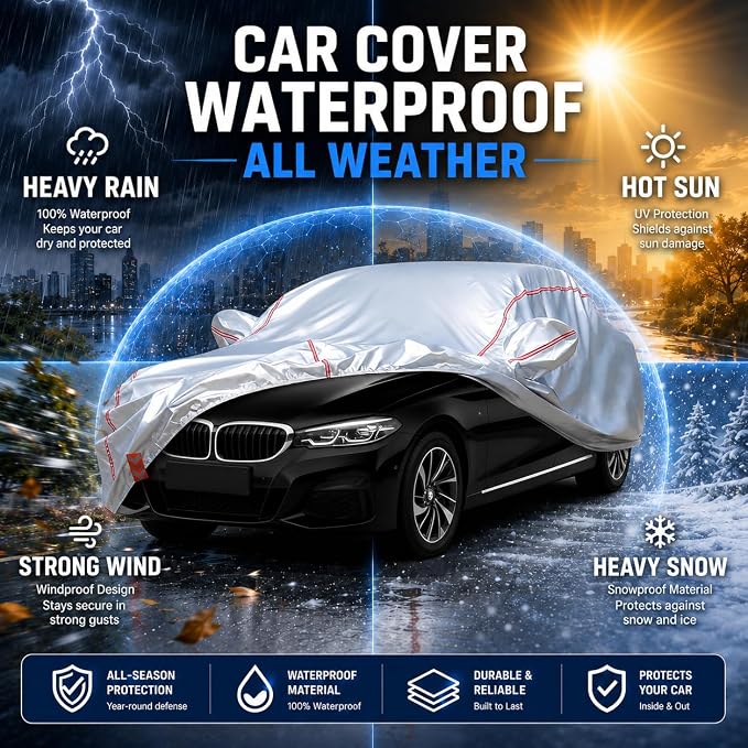 Waterproof All Weather Heavy Duty Vehicle Cover, 360° Underbody Wrap Windproof Design, Quick Install Outdoor Cover,(for BMW 3 Series 2005-2025)