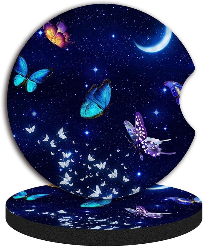 2pcs Blue Butterfly Cup Coaster for Car SUVs Trucks, Rubber Car Coasters with A Finger Groove, Car Cup Holder Coasters Interior Accessories
