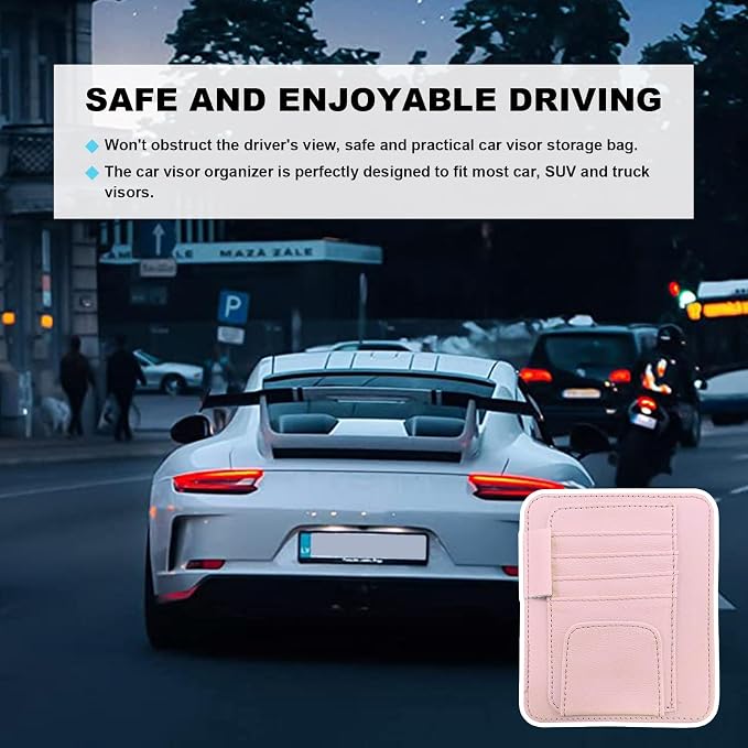 Dickno Small Leather Car Sun Visor Organizer, Multifunctional Auto Visor Document Holder with Sunglasses Clip, Universal Car Interior Organizer for Drving License, Card, Pen (Pink)