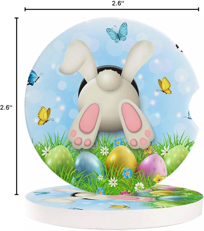 Small Car Coasters for Cup Holders 2.6" Dia Absorbent Coasters Set of 2 Car Interior Accessories for Women Men Watercolor Easter Bunny Butt in Grass Ceramic Car Coaster for Drinks with Finger Grooves