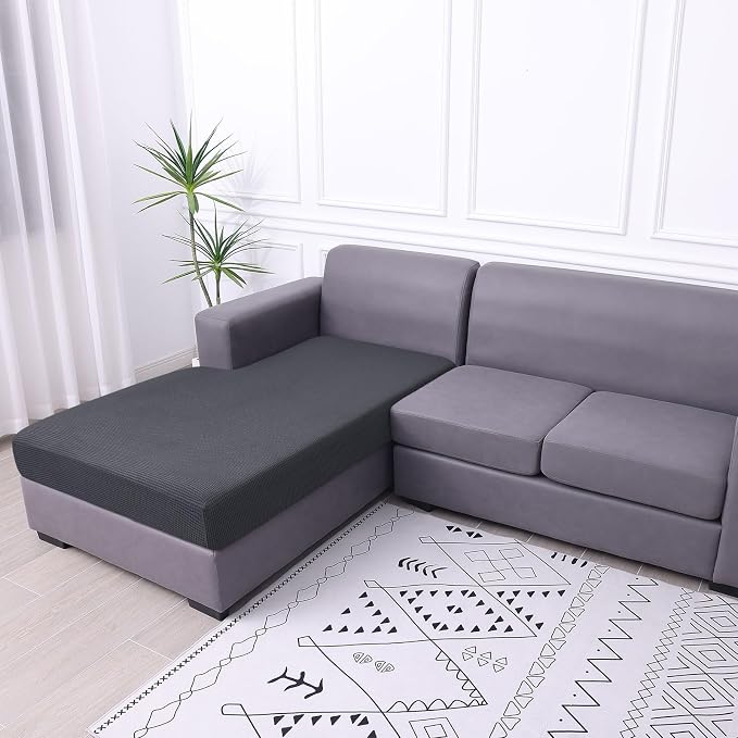 hyha Waterproof Couch Cushion Covers, Sectional Sofa Cushion Slipcovers L Shape, Thick Stretch Jacquard Fabric, Washable Chaise Lounge Cover with Elastic Bottom (1 Piece for Chaise, Grey)