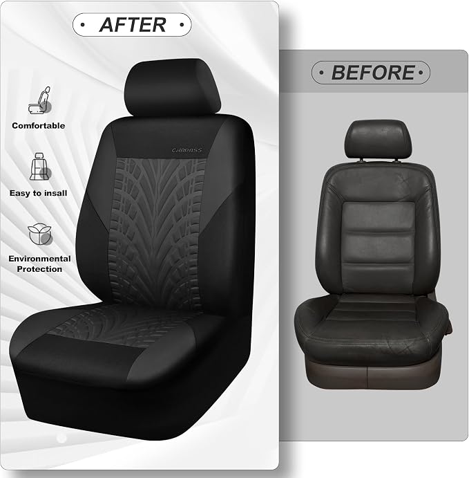 CAR PASS Emboss Tyre Front Seat Covers, Universal Fit Elastic Breath Premium Cloth seat Covers Front Seats only for Truck SUV Sedan, Airbag Compatible, Charcoal on Black