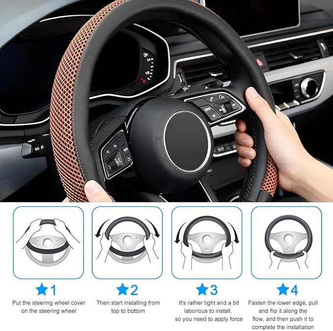 Car Steering Wheel Cover, 14.5-15" Microfiber Leather Ice Silk Breathable Non-Slip Steering Wheel Protector, Cool Auto Interior Decor Accessories, Universal for Truck SUV Van (Coffee)