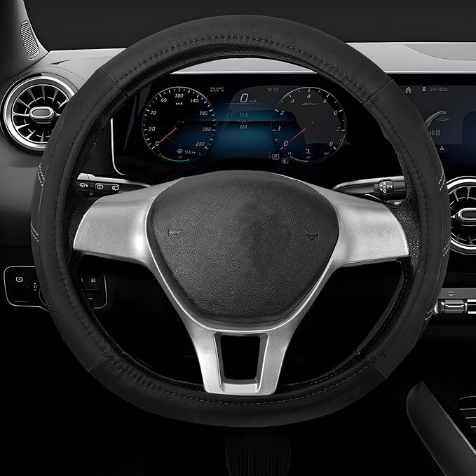 Sport Leather Steering Wheel Cover, 14.5-15 Inch Breathable Auto Steering Wheel Protector with Anti-Slip Lining, Soft Comfortable Leather Wheel Protector for Cars Trucks SUVs (Black)