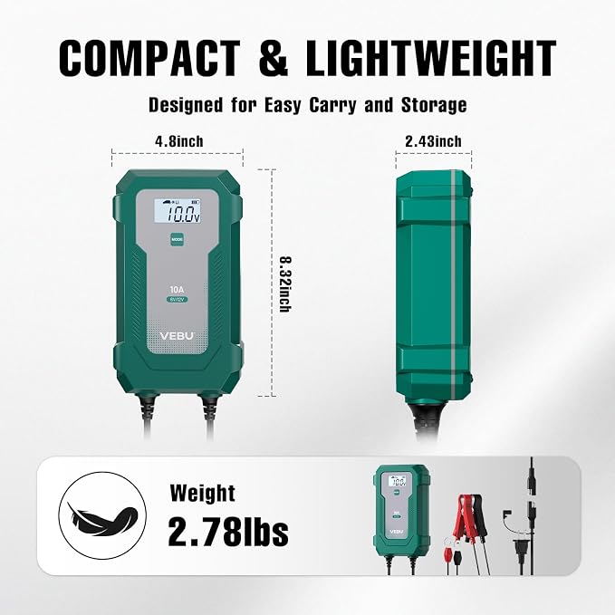 10A 6V/12V Smart Battery Charger- Automatic Maintainer, Trickle Charger & Desulfator with Overcharge Protection, Plug & Play Design for Lead-Acid & LiFePO4 Batteries