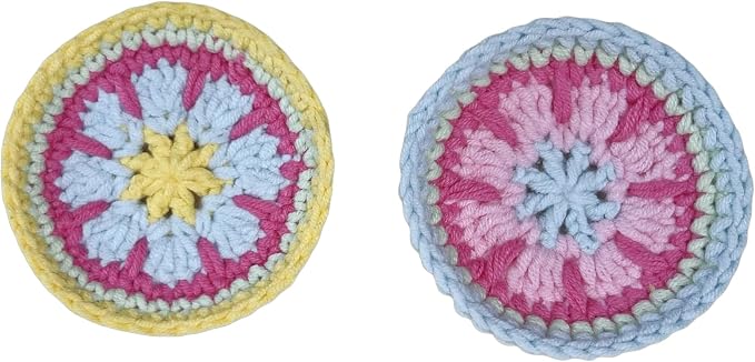 Handmade Crochet Pink Fower Granny Square Car Steering Wheel Covers Universal 14-15 inch for Women and Men (Steer Wheel Cover+ 2 Belt Cover+2 Coaster)