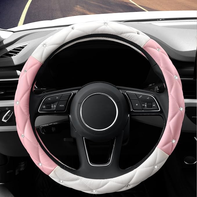 YOGURTCK Cute Diamond Soft Leather Steering Wheel Cover with Bling Bling Crystal Rhinestones, Universal 15 Inch for Women Girls, Fit Vehicles, Sedans, SUVs, Vans, Trucks - Light Pink and White