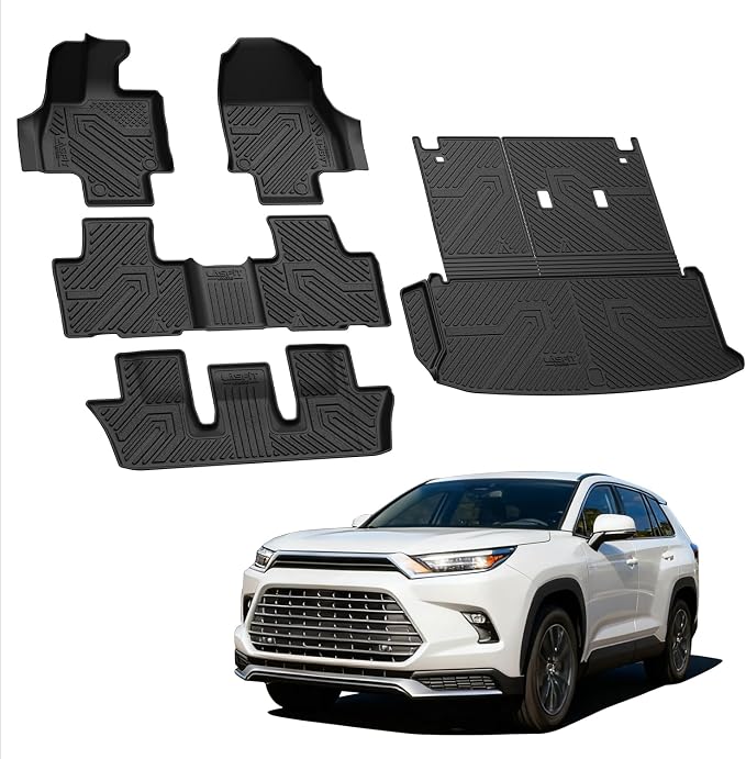 LASFIT Upgraded Floor Mats for Toyota Grand Highlander 2026 2025 2024 Hybrid, Fits with or Without Subwoofer, Trimmable All Weather TPE Custom Fit Floor Liners, 3 Rows Cargo & Backrest Mats, Black