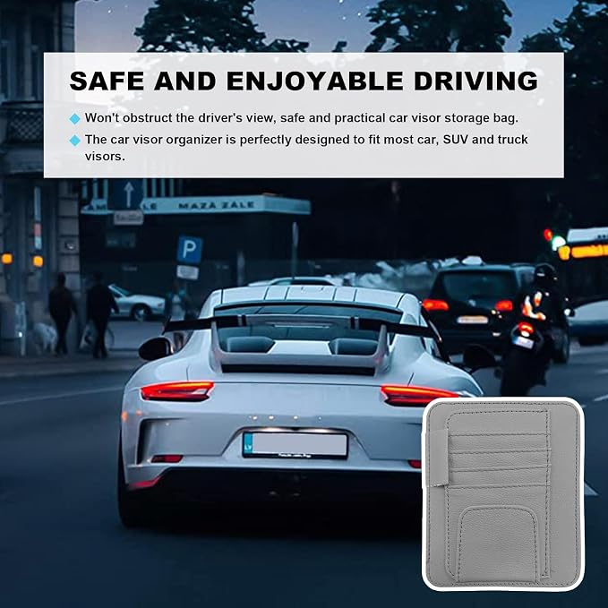 Dickno 2PCS Small Leather Car Sun Visor Organizer, Multifunctional Auto Visor Document Holder with Sunglasses Clip, Universal Car Interior Organizer for Drving License, Card, Pen (Gray)