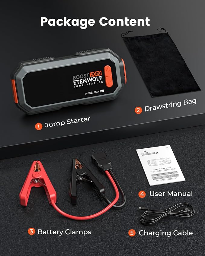 Car Battery Jump Starter Portable, 2000A Peak Jump Box 12V Car Jump Starter | for up to 8.0L Gas and 6.5L Diesel Engines, USB-C Portable Battery Jumper with Jumper Cable, Power Bank, LED Light