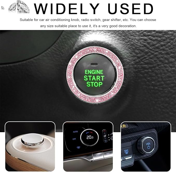 2 PCS Car Bling Crystal Rhinestone Engine Start Ring Decals, Sparkling Diamond Car Push Start Button Ignition Ring Sticker, Auto Key Ignition Knob Ring Decoration for Women Girls (Pink)