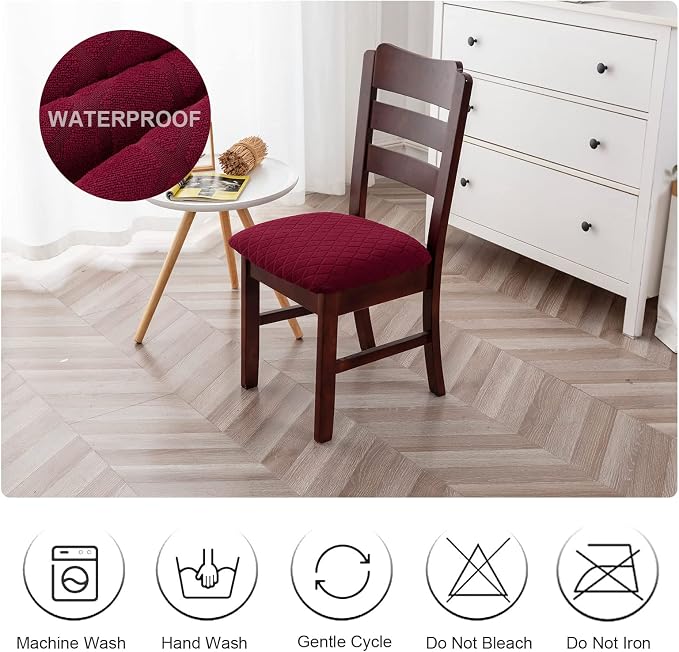 Genina Waterproof Seat Covers for Dining Room Chairs, Stretch Chair Covers Removable Washable Dinning Room Kitchen Chair Seat Cushion Slipcovers (Argyle-Wine Red, 4 PCS)