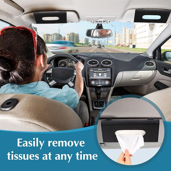 Mudder 2 Pcs Car Tissue Mask Holder Sun Visor Car Napkin Holder PU Leather Car Tissue Box Hanging Tissue Dispenser for Car Tissue Case Holder for Car Vehicle Backseat Interior Accessories (Black)