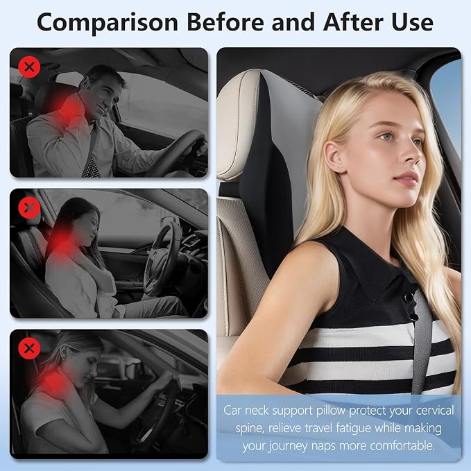 BABUR Car Headrest Pillow, Ergonomic Neck Support for Driving Seat 1 Pcs | Gray,100% Memory Foam,Universal Fit,Softness,Adjustable Strap,Breathable Removable Cover,Car Rest Pillow for Pain Relief