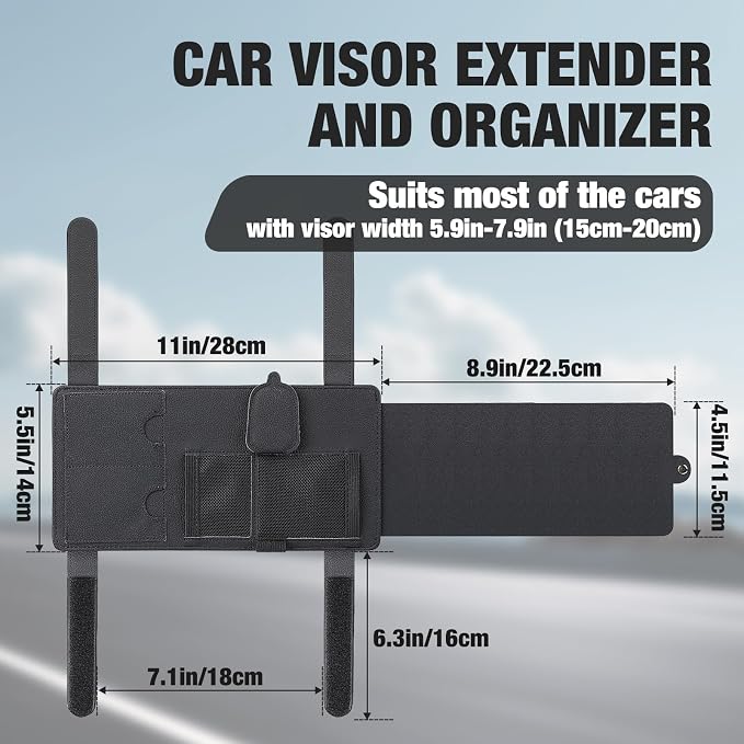 SEG Direct Car Sun Visor Extender Organizer Magnetic Sunglass Holder Black | Sun Blocker, Sunglass Hanger Clip, Ticket Card Organization Pouches, for Car Truck SUV