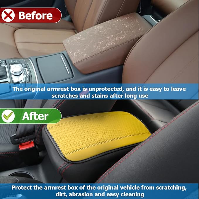 Moly Magnolia Auto Center Console Pad, PU Leather Car Armrest Seat Box Cover, Waterproof Non Slip Soft Armrest Box Cushion Protector, Car Accessories Universal for SUV, Truck, Van (Yellow)