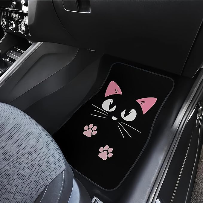 Universal Fit Car Floor Mats Set of 4Pcs, Pink Cartoon Cat All-Weather Front Rear Car Carpet Mats, Non-Slip Car Floor Mat Car Accessories for Automotive Trucks SUV Sedans Vans