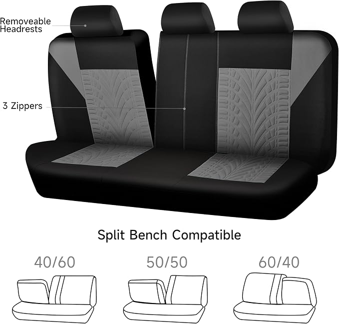 CAR PASS Car Seat Covers Full Sets, Front & Split Rear Bench for Car, 3D Tyre Embossed Automotive Interior Covers, Airbag Compatible, Quick Setup Universal Fit Seat Covers for Car, SUV(Black Gray)