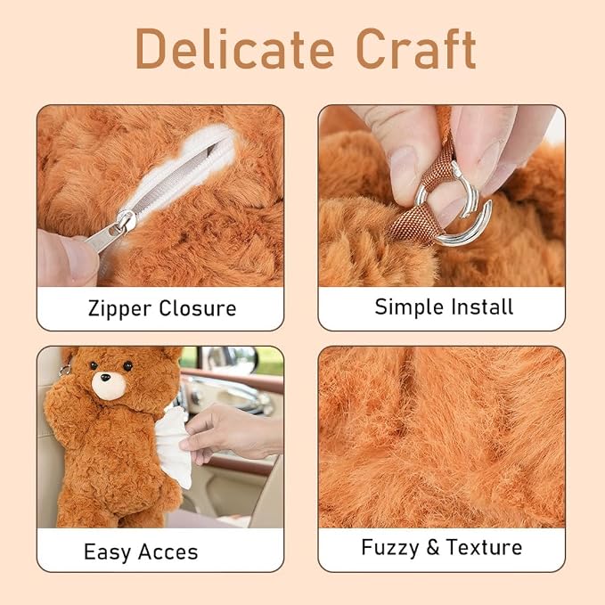 Cute Tissue Box Cover Plush Tissue Box Holder for Car, Home, Decorative Holder/Organizer for Bathroom Vanity Countertop, Nightstands, Office Desk-Bear02
