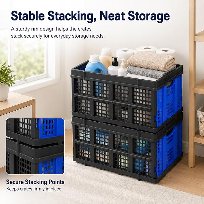 Collapsible Storage Crates 3 Pack, Stackable Foldable Storage Bins for Garage, Car Trunk, Warehouse & Home Organization, Heavy Duty Plastic Utility Crates, 49L, Blue