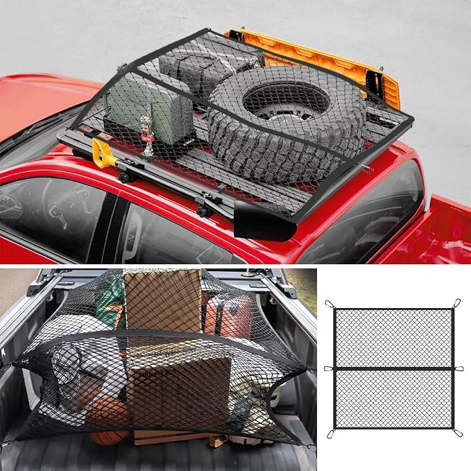 Foldable Cargo Net for Pickup Truck Bed,4' x 4' Ultra Strong Stretch to 8'x8' Truck Bed Organizer Includes 6 Pcs Carabiner Clips,Dual Use Cargo Net for Trucks SUV Car Trunks Organizer