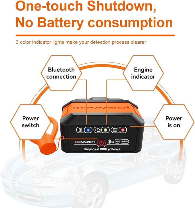 KONNWEI KW906 Bluetooth OBD2 Scanner Car Diagnostic Tool Engine Code Reader | Wireless OBD2 Scanner, Check Engine Fault Code Reader, Live Data, Battery Test, Universal Diagnostic Tool For iOS & Android