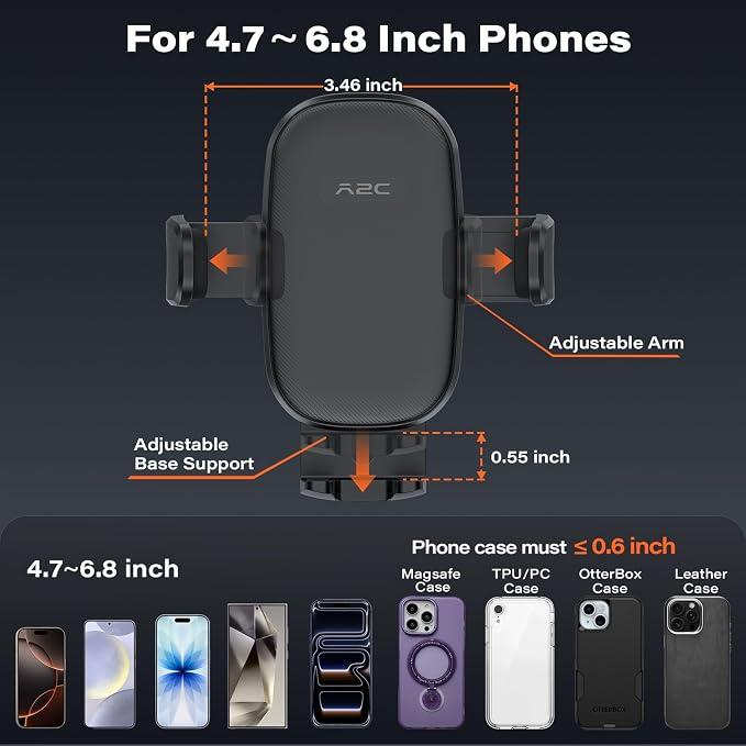 APPS2Car Car Phone Mount for Dashboard & Windshield, Strong Suction Cup Cell Phone Holder with One-Touch Release, 360°Rotation & Dual-Axis Arm, Hands-Free Car Phone Holder for iPhone, Samsung & More