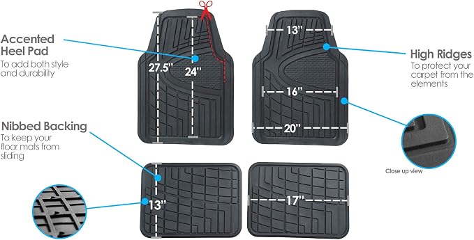 FH Group Premium Liners Tall Channel Trimmable All Weather Rubber Full Set Car Floor Mats (Black) w. Trimmable All-Season Cargo Liner (Black) - Universal Fit for Cars Trucks and SUVs