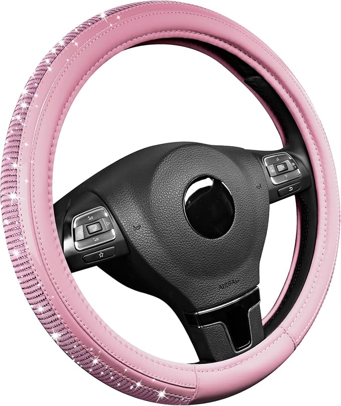 Road Comforts Bling Steering Wheel Cover – Pink Diamond Design, Universal Fit 14.5-15 Inch, Microfiber Leather, Anti-Slip & Breathable Design for Men and Women