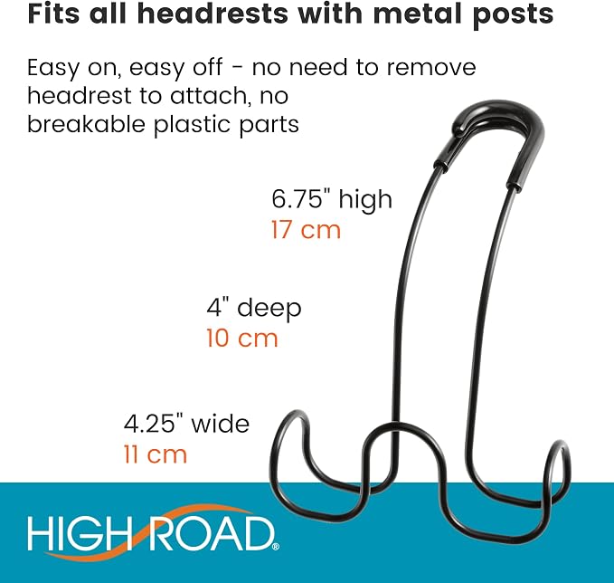High Road Metal Car Hooks for Purse and Bags - Unbreakable Headrest Car Hooks for Large Purse Straps and Heavy Bags up to 40 lbs - Secure Attachment Loops Fit All Headrest Posts (Triple Hook 2-Pack)