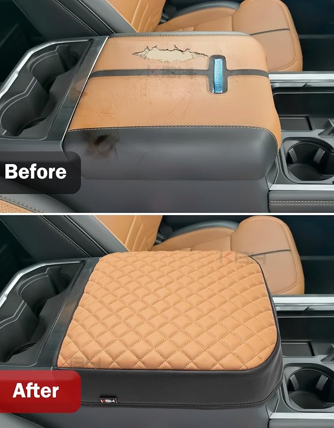 KBH Center Console Armrest Cover for F250-F550 Super Duty 2023-2026, Bucket Seat, Vinyl Leather Interior Trim, Arm Rest Lid Cushion Rrotector, Anti-Scratch, Carmelo Brown