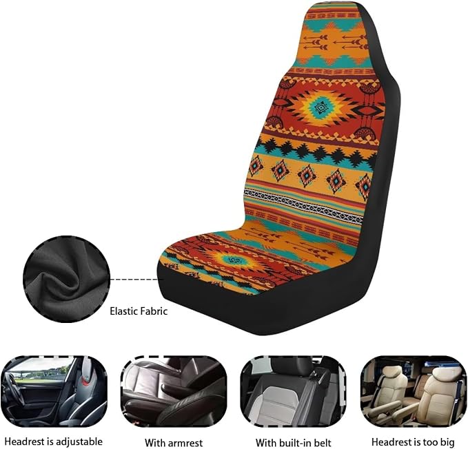 Universal Car Seat Cover Front Seats Only,Navajo Orange Automotive Car Interior Covers Aztec Decorative Seat Cover for Full Back and Seat for Cars Sedans Truck SUV Vans