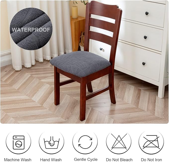 Genina Waterproof Seat Covers for Dining Room Chairs, Stretch Chair Seat Covers Removable Washable Dinning Room Kitchen Chair Cushion Slipcovers (Leaves-Dark Gray, 4 PCS)