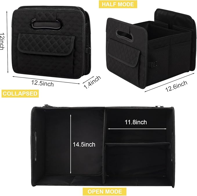JiatuA Car Trunk Organizer for SUV, Car Storage Organizer Collapsible Multi Compartment Container Box, Adjustable Car Accessories for Women/Men, Large Black