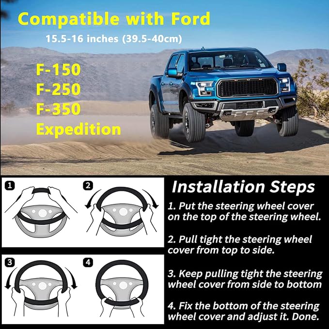 Yangday Leather Steering Wheel Cover for Ford F150 F250 F350, 15.5-16 inches Car Steering Wheel Cover with Non-Slip Breathable (Black)